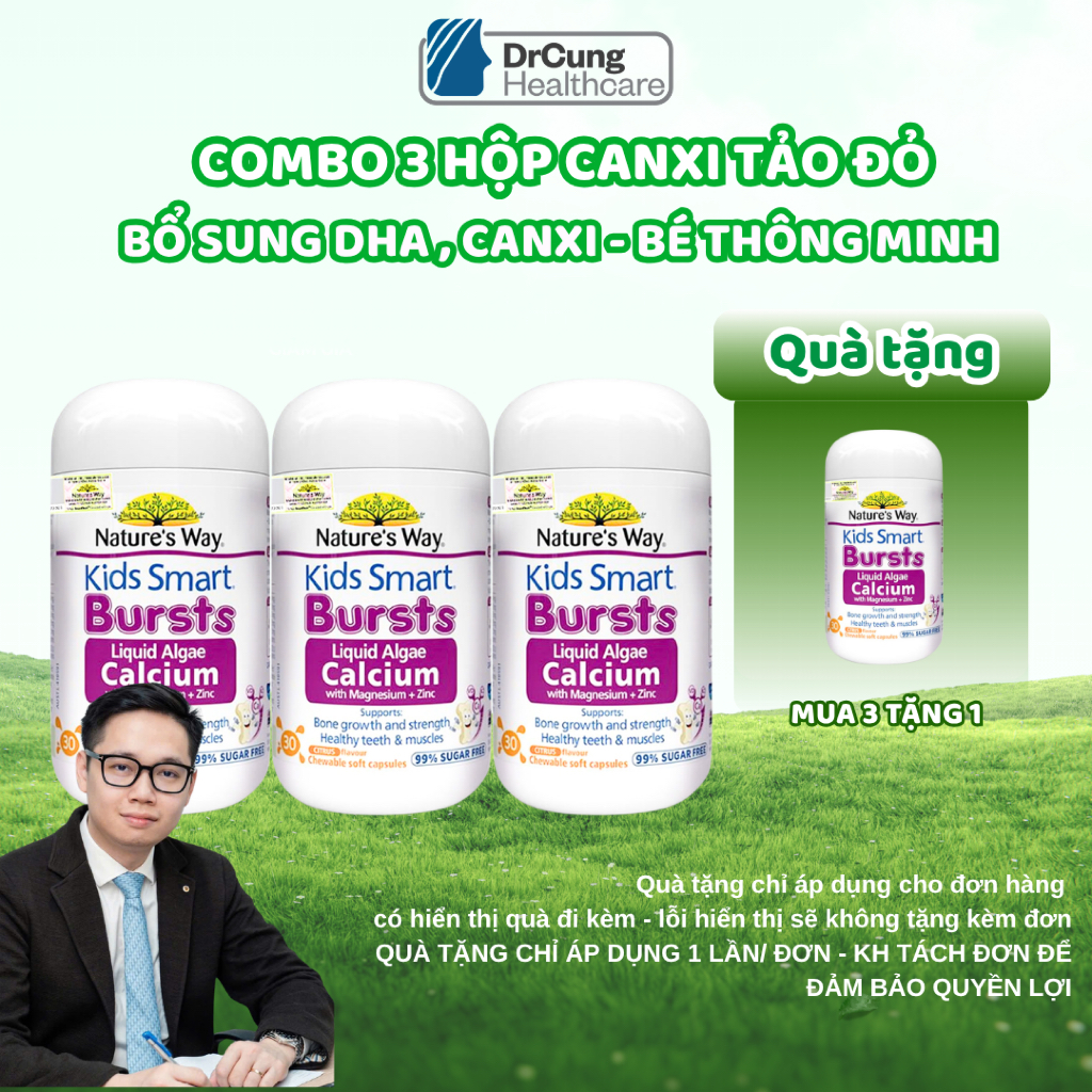 COMBO 3 HỘP CANXI TẢO NỘI ĐỊA ÚC CHO BÉ Nature's Way Kids Smart - Bổ Sung Canxi, Magie, K2, Bé Khỏe