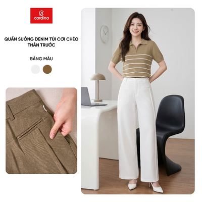 Quần dài nữ CARDINA chất liệu denim dáng suông túi cơ chéo thân trước 6QJT11