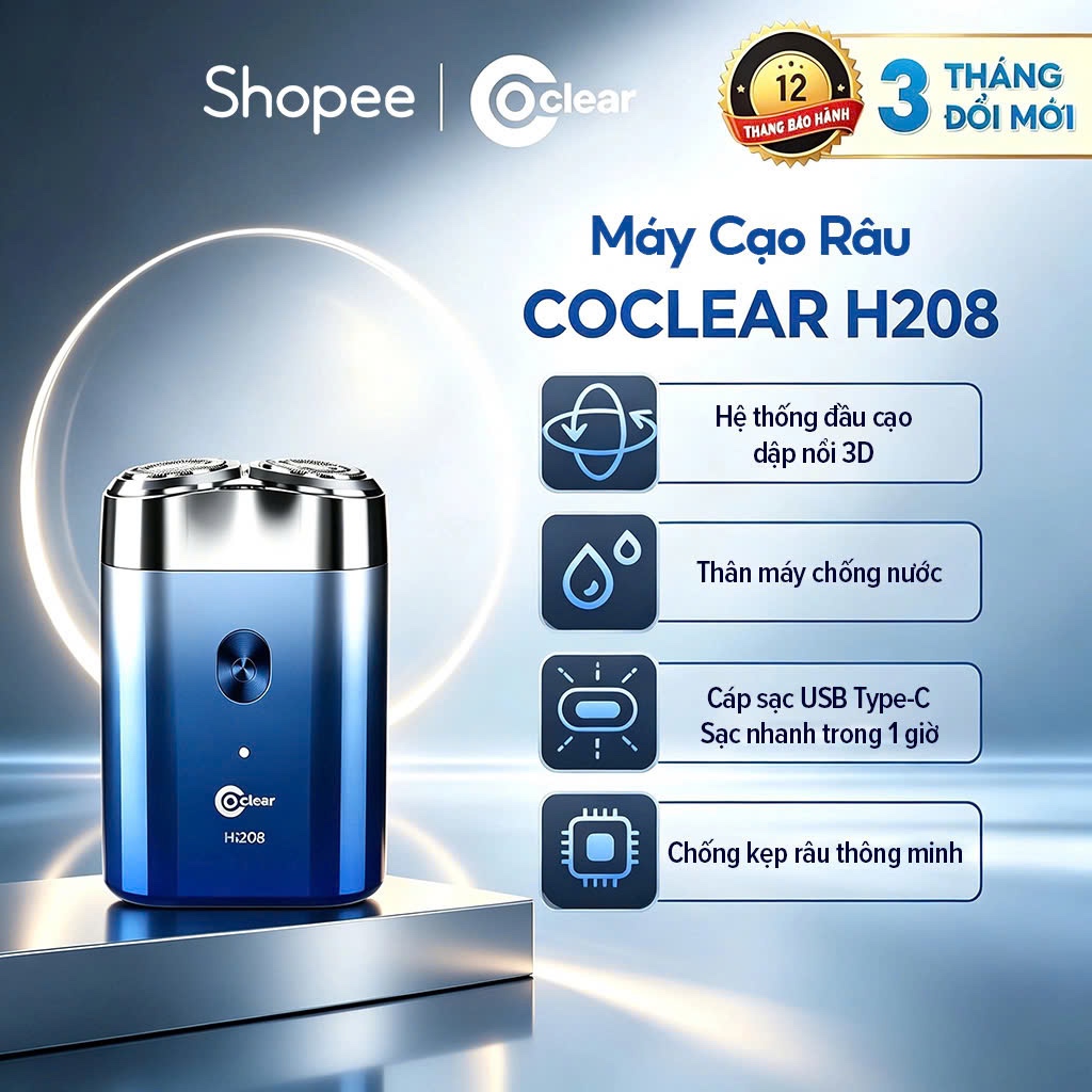 máy cạo râu điện coclear HS208, Lưới dao kép 3D, sạc qua type-C, cạo ướt hay khô điều được, bảo hành