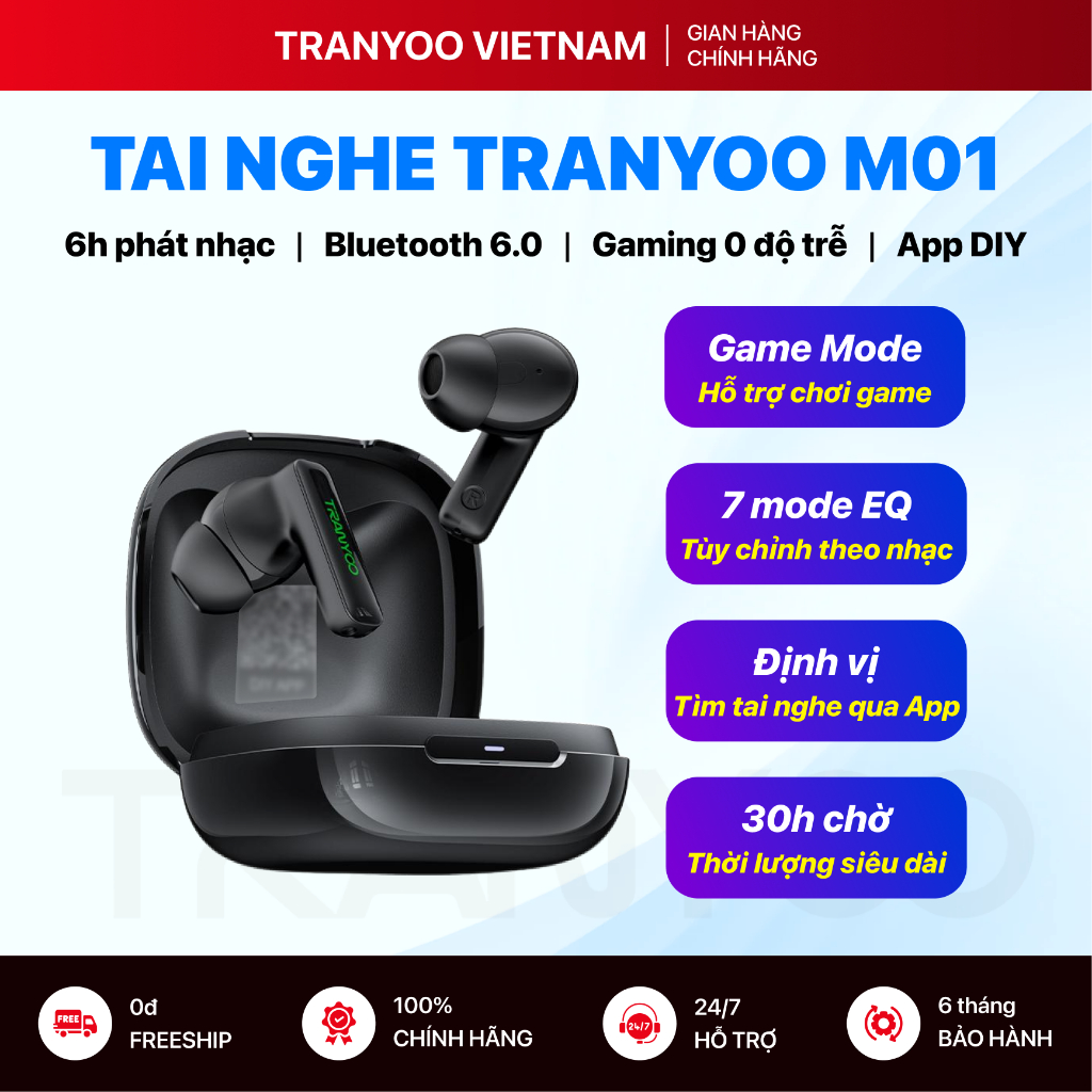Tai Nghe Bluetooth TRANYOO T-M01 Điều Chỉnh App DIY 7 Chế Độ EQ Bluetooth 6.0 Chơi Game Không Độ Trễ