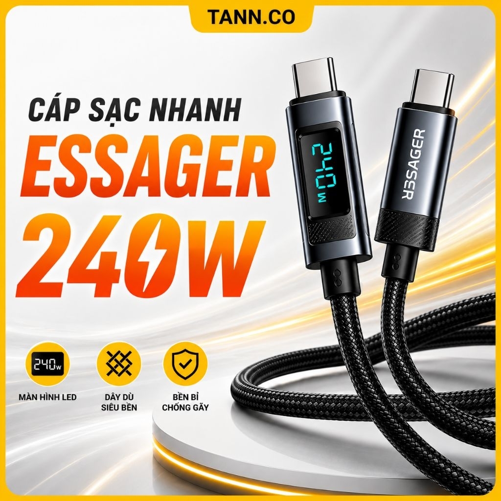 [240W] Cáp Sạc ESSAGER TypeC to TypeC - Sạc Nhanh Lên Đến 240W (Hiển Thị Công Suất Sạc)