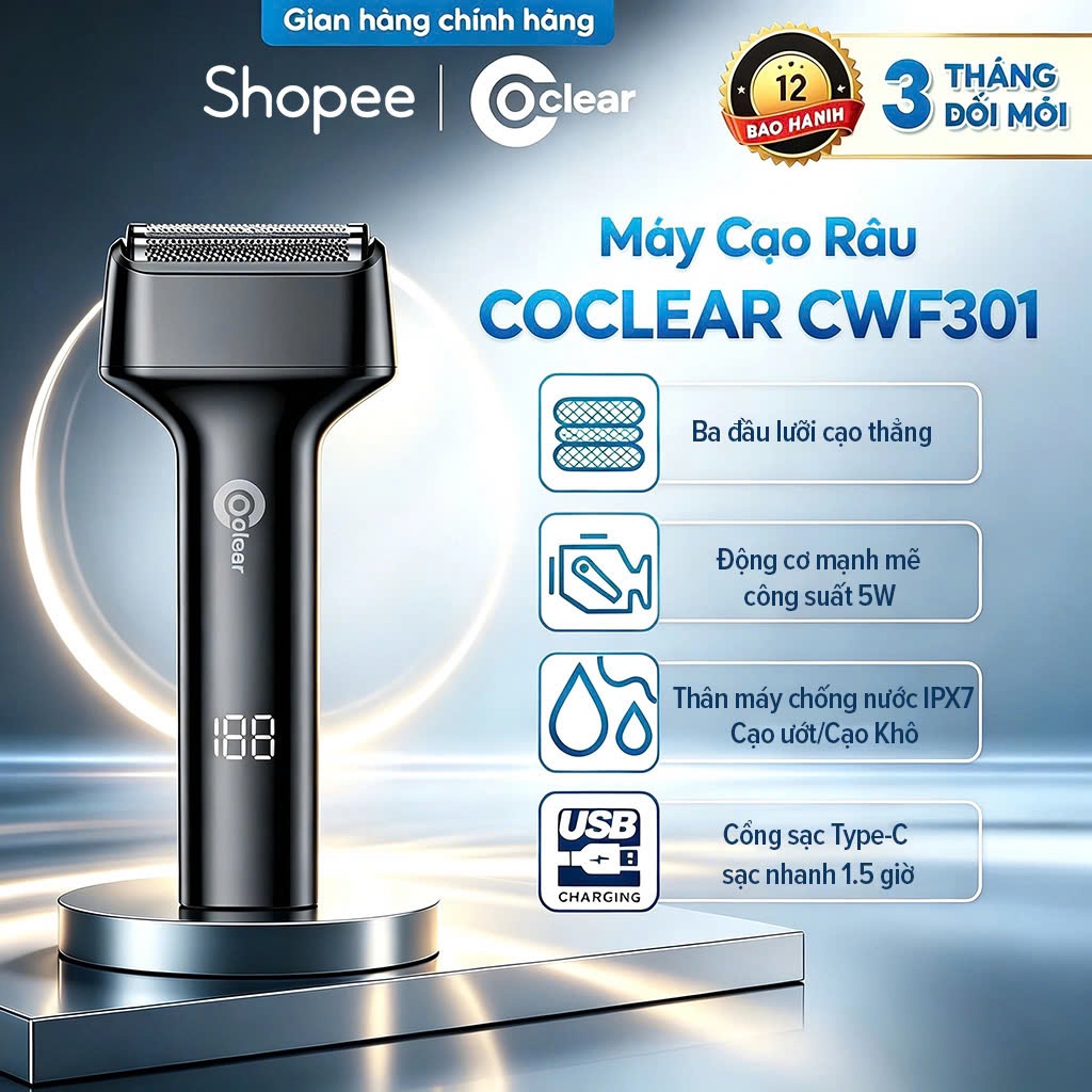 Máy cạo râu điện lưỡi thẳng Coclear CWF301 với 3 cụm lưỡi cạo, cạo ướt và khô, sạc nhanh Type-C