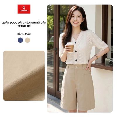 Quần sooc dài nữ CARDINA chất liệu chéo hàn bổ gân trang trí 6QLT07