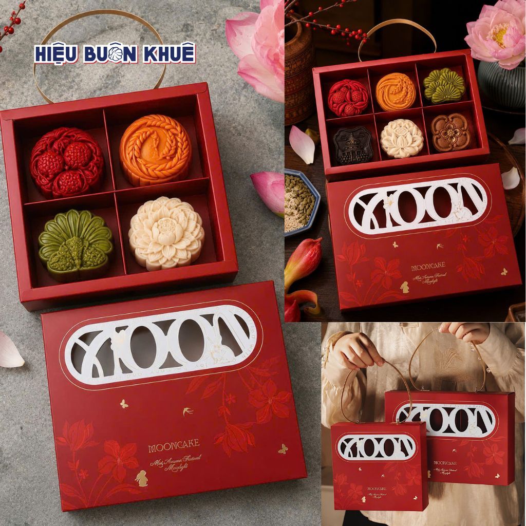 5-10 Hộp Trung Thu 4 Bánh - 6 Bánh Mini 50g - 75g, Hộp Đựng Bánh Lava Trứng Chảy [Chữ MOON]