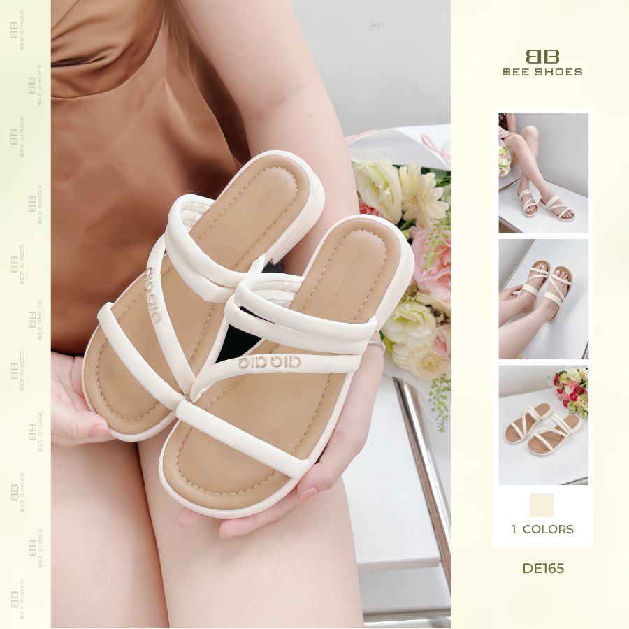 Dép sandal nữ BEESHOES quai mảnh, mũi vuông đế vuông cao 3 phân sẵn màu kem DE165