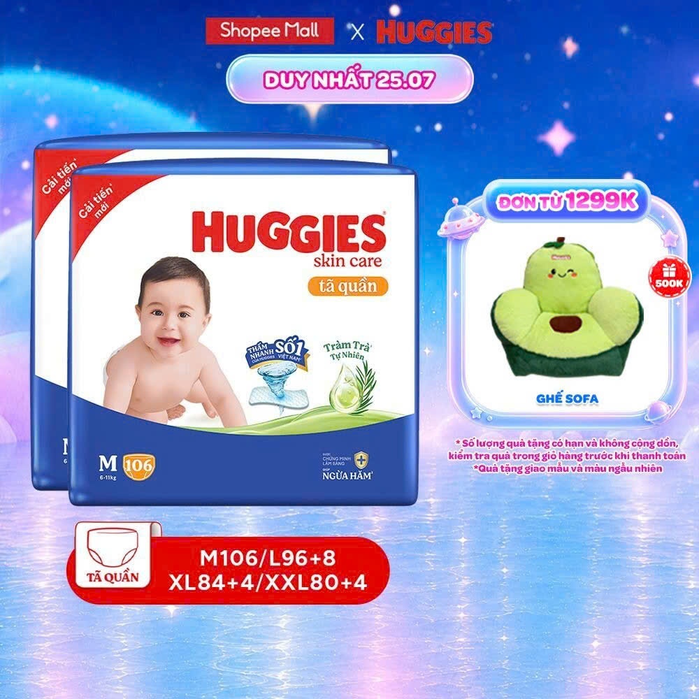 Combo 2 Tã quần Huggies Skincare Mega Jumbo M106/L96+8/XL84+4 với tràm trà dịu da