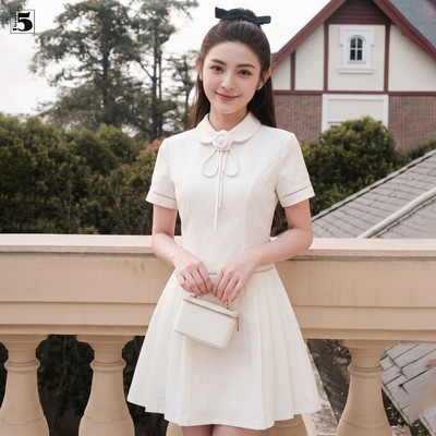 Đầm ngắn tay Twentyfive cổ sen phối hoa nơ thanh lịch mặc đi làm đi chơi DH171