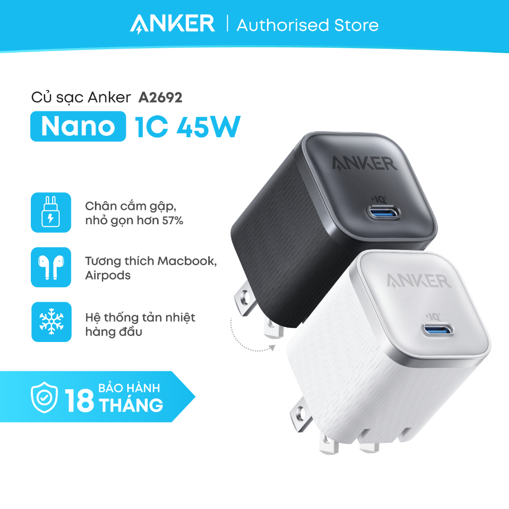 Củ sạc Anker Nano 1C 45W - A2692 - Hàng chính hãng - Bảo hành 18 tháng