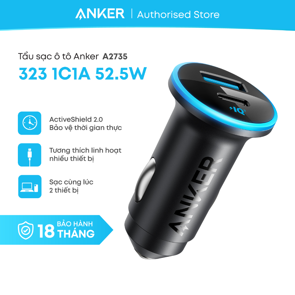 Tẩu sạc ô tô Anker 323 1C1A 52.5W - A2735 - Hàng chính hãng - Bảo hanh 18 tháng