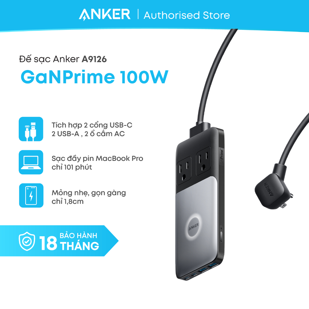 Đế sạc Anker 727 GaNPrime 100W 2AC2C2A  - A9126 - Hàng chính hãng - Bảo hành 18 tháng