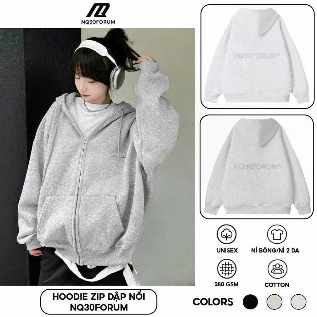 Áo Khoác Hoodie Zip Nỉ Cotton Dập Nổi NQ30 FORUM Form Boxy Nam Nữ Unisex