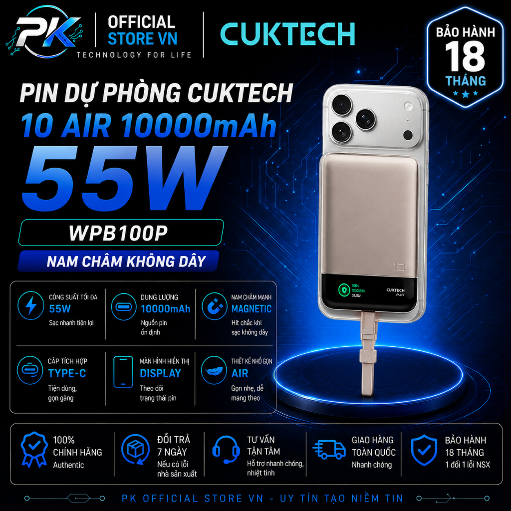 Pin Dự Phòng Không Dây Cuktech 10 Air 10000mAh 55W Nam Châm WPB100P - BH 18 Tháng