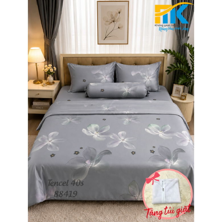 BỘ GA TENCEL 5 MÓN HỌA TIẾT HOA TẶNG KÈM TÚI GIẶT CHỐNG XÙ LÔNG, BỀN MÀU (88419)