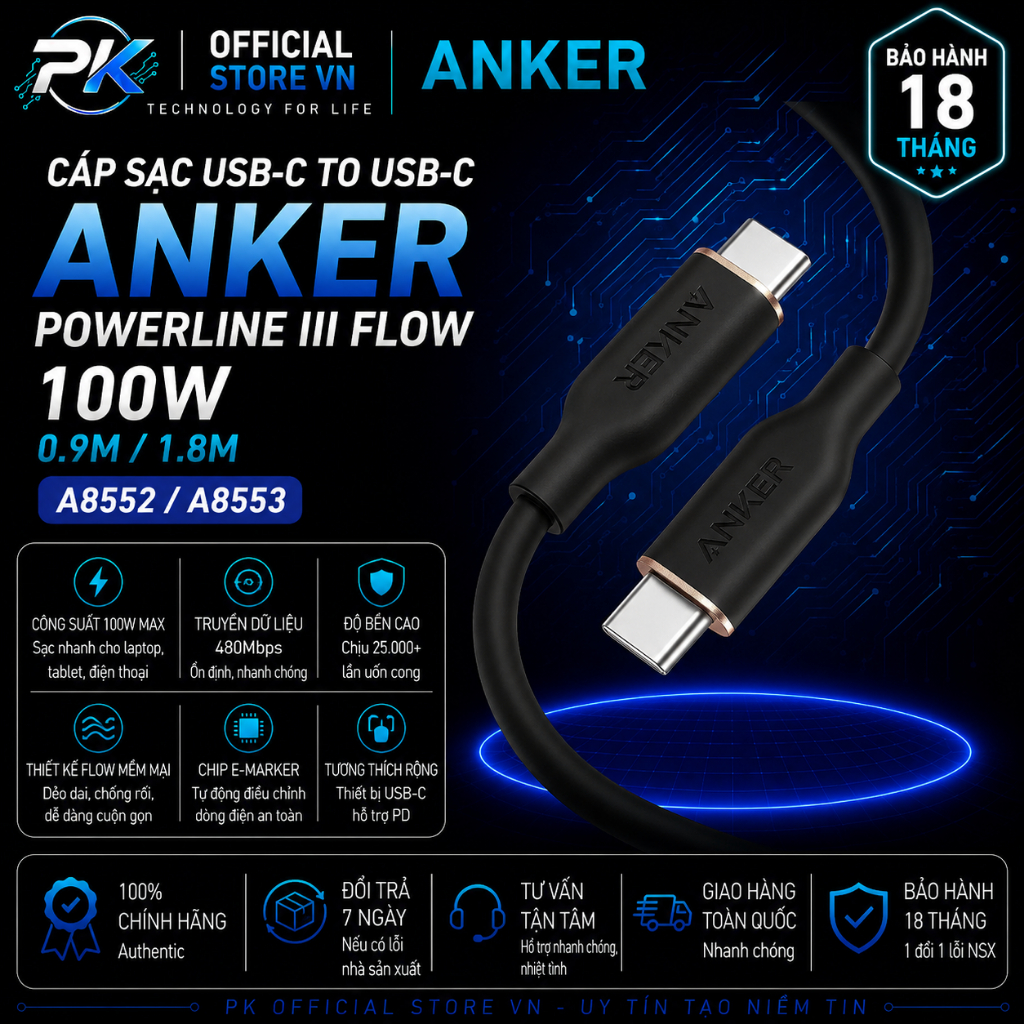 Cáp Sạc Anker PowerLine III Flow USB-C to USB-C 100W 0.9m 1.8m A8552 A8553 - BH 18 Tháng