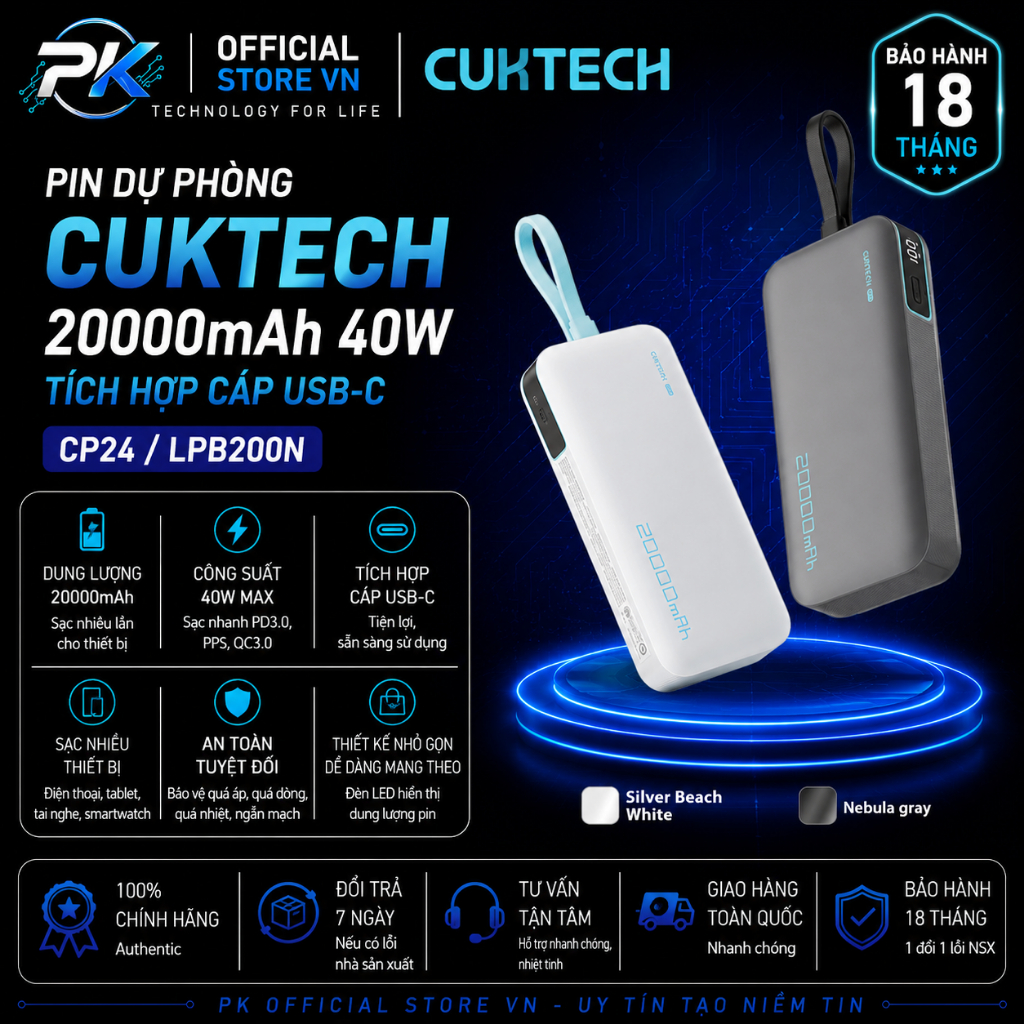 Pin Dự Phòng Cuktech 20000mAh 40W Tích Hợp Cáp USB-C CP24 LPB200N - BH 18 Tháng