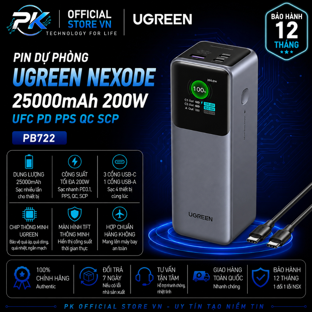 Pin Dự Phòng UGREEN Nexode 25000mAh 200W UFC PD PPS QC SCP PB722 - BH 12 Tháng