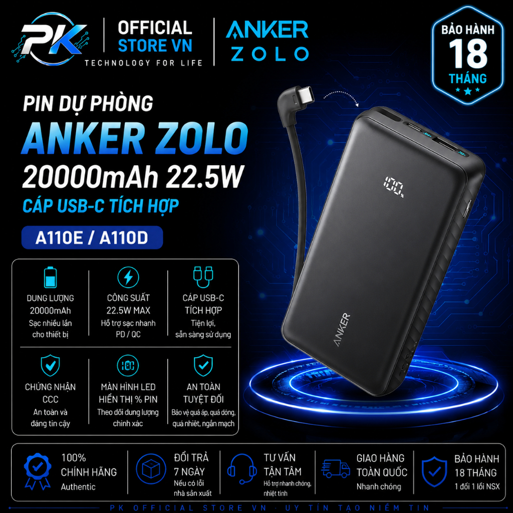 Pin Dự Phòng Anker Zolo 20000mAh 22.5W Cáp USB-C Tích Hợp A110E A110D - BH 18 Tháng