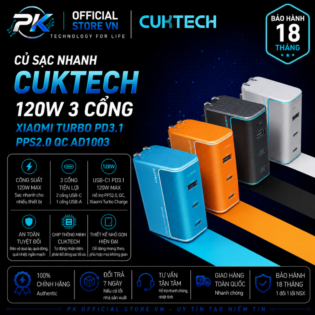Củ Sạc Cuktech 120W 3 Cổng Xiaomi Turbo PD3.1 PPS2.0 QC AD1003 - BH 18 Tháng