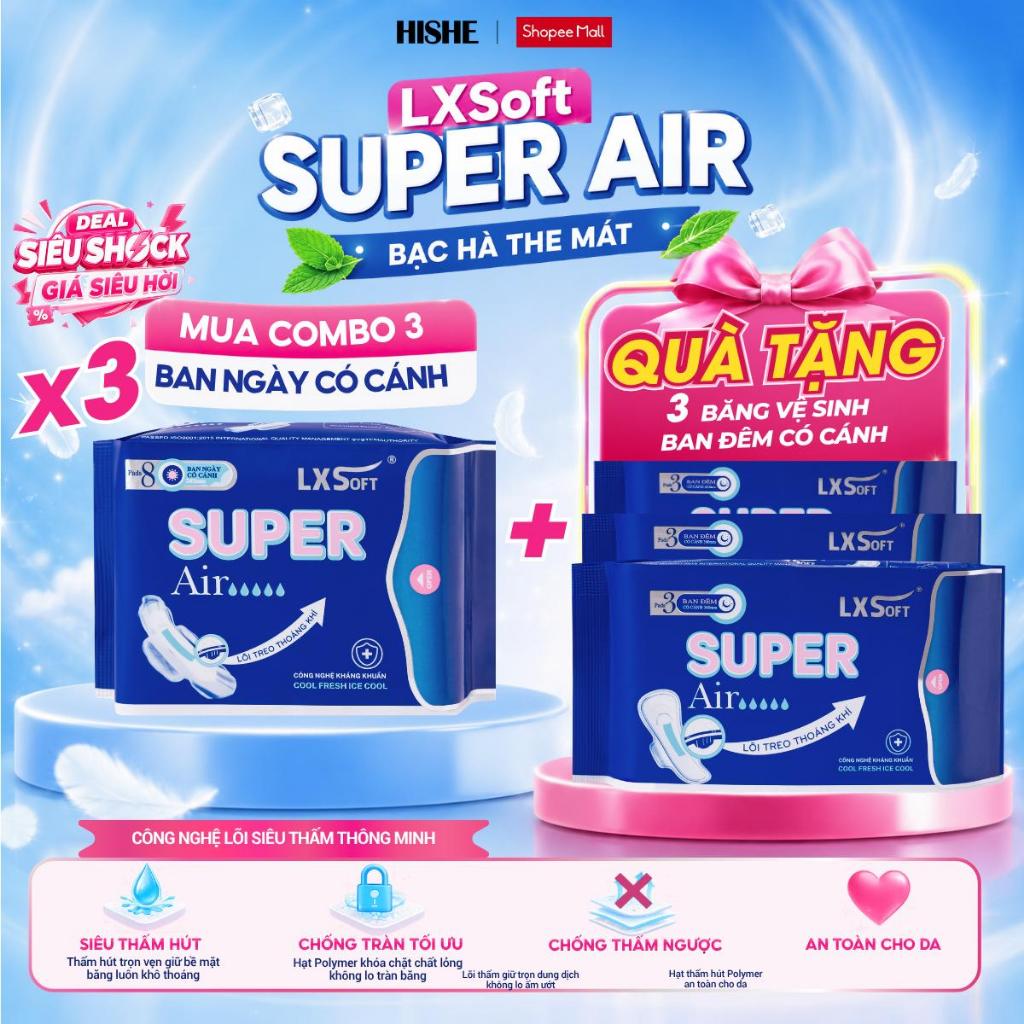 [ KOL_Mua 3 tặng 3] Combo 3 Băng vệ sinh LXSoft Super Air Bạc Hà The Mát - Bề mặt LƯỚI LỤA siêu mềm 