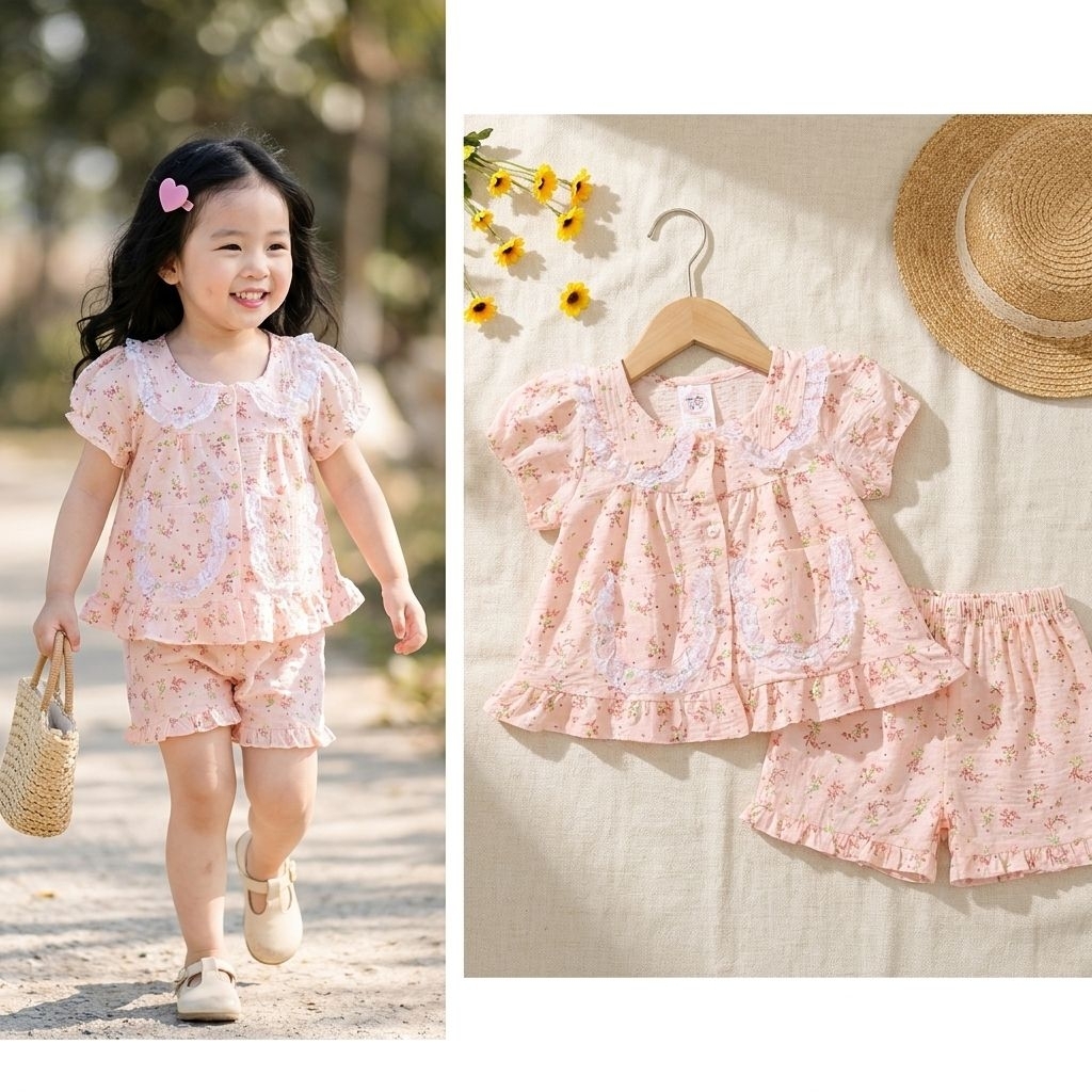 Combo 2 Bộ Ngắn Bé Gái Cotton Hàn Cổ Bèo Tay Bồng 2 Túi Ren Dễ Thương Cho Bé 7 –12kg Mặc Nhà Mùa Hè