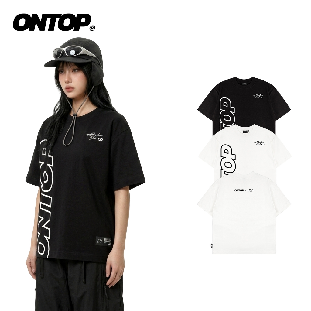Áo thun cổ tròn nam nữ in chữ basic ONTOP vải cotton thoáng mát màu đen, trắng local brand Elongatio