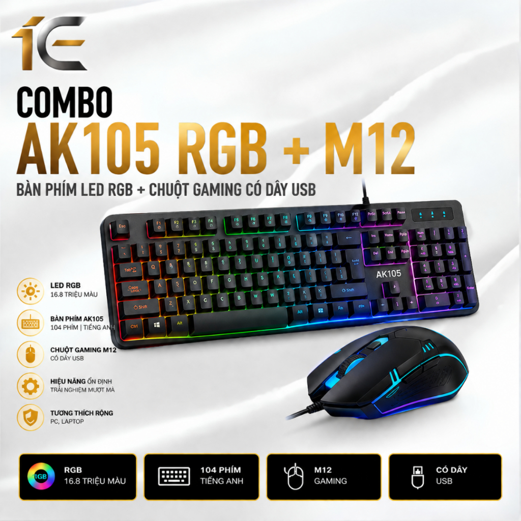 COMBO BÀN PHÍM AK105 LED RGB + CHUỘT GAMING M12 CÓ DÂY USB