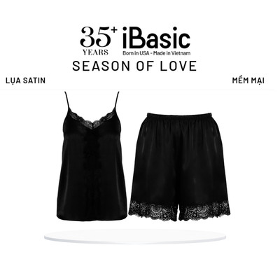 [SEASON OF LOVE] Đồ ngủ Bộ mặc nhà nữ 2 dây lụa satin phối ren iBasic gợi cảm màu đen HOMW058