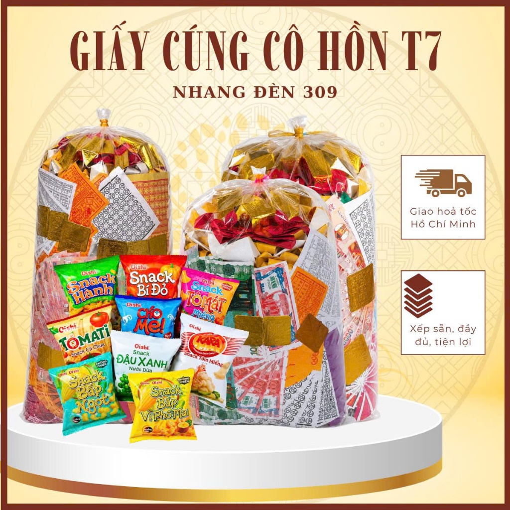 [HOẢ TỐC] Combo Túi Giấy Cúng Xếp Sẵn Đầy Đủ Tiền Vàng Cúng Tháng 7 Âm Lịch , Bánh Oishi Mini Cúng C