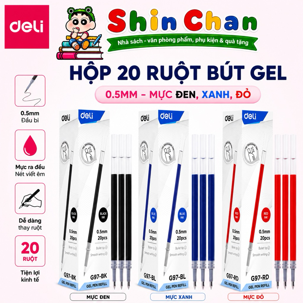 [Hộp 20c] Ruột Bút Gel Deli G97 Ngòi 0.5mm Mực Gel Thay Thế Cho Bút Deli G057 G575 G118, Bút Gel Bấm