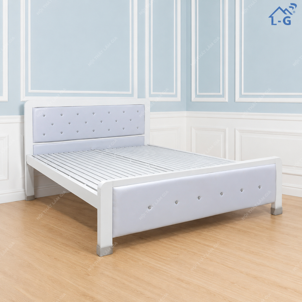 GIƯỜNG SẮT HỘP 4X8 KHUNG TRẮNG – ĐẦU NỆM XANH (GSLG-4X8)