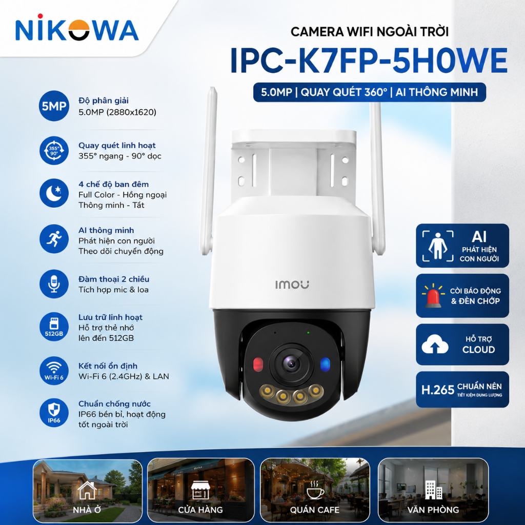 Camera Wifi Ngoài Trời IMOU IPC-K7FP-3H0WE 3MP/ IPC-K7FP-5H0WE 5MP; Quay quét ngoài trời; Có đèn báo
