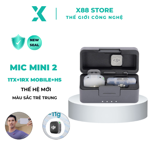[X88] DJI Mic Mini 2 Bộ 1TX+1RX Mobile+Hộp Sạc Thu Âm Nhỏ Gọn Không Day, Khử Ồn 2 Cấp Độ Trẻ Trung