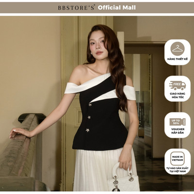 BBSTORE'S Áo Kiểu Tiệc Cotton Cổ Xéo Trễ Vai Kèm Tag Đá - AAH06T