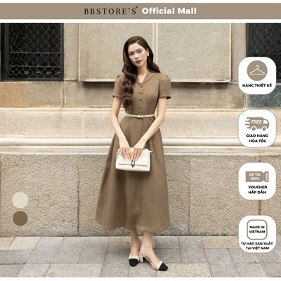 BBSTORE'S Đầm Xòe Công Sở Cotton Dài Cổ V Lá Cổ Lật Tay Ngắn - DAH21A