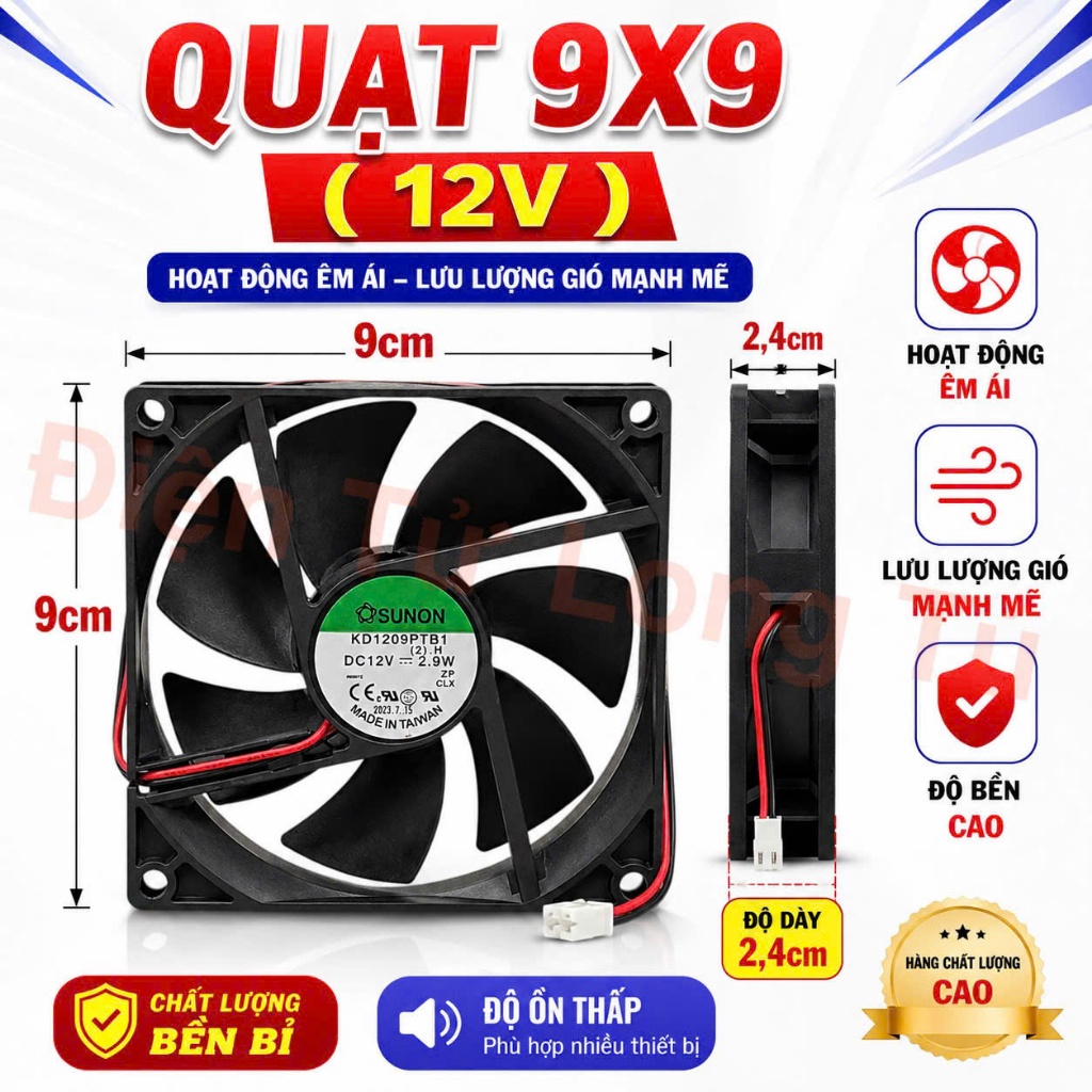 Quạt tản nhiệt 12v ( 9cm x 9cm ) zin