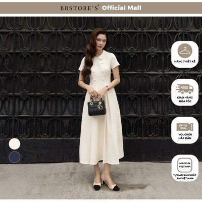 BBSTORE'S Đầm Xòe Công Sở Cotton Dài Cổ Sen Nhọn, 2 Hàng Nút Kiểu - DAH22B