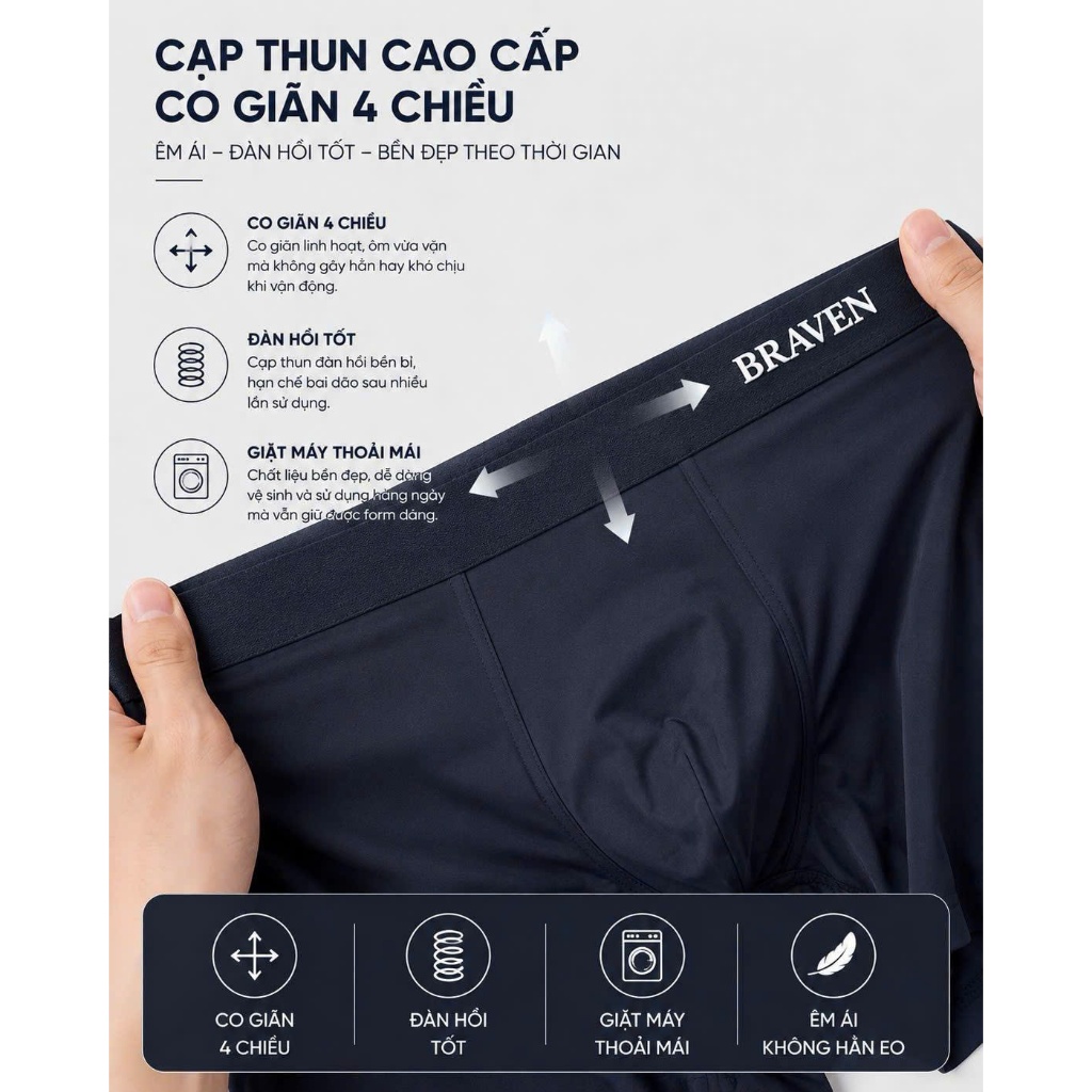 Quần Lót Nam BRAVEN Premium Boxer Không Đường May – Mềm Mịn, Co Giãn 4 Chiều, Chất Liệu Su Đúc Băng 