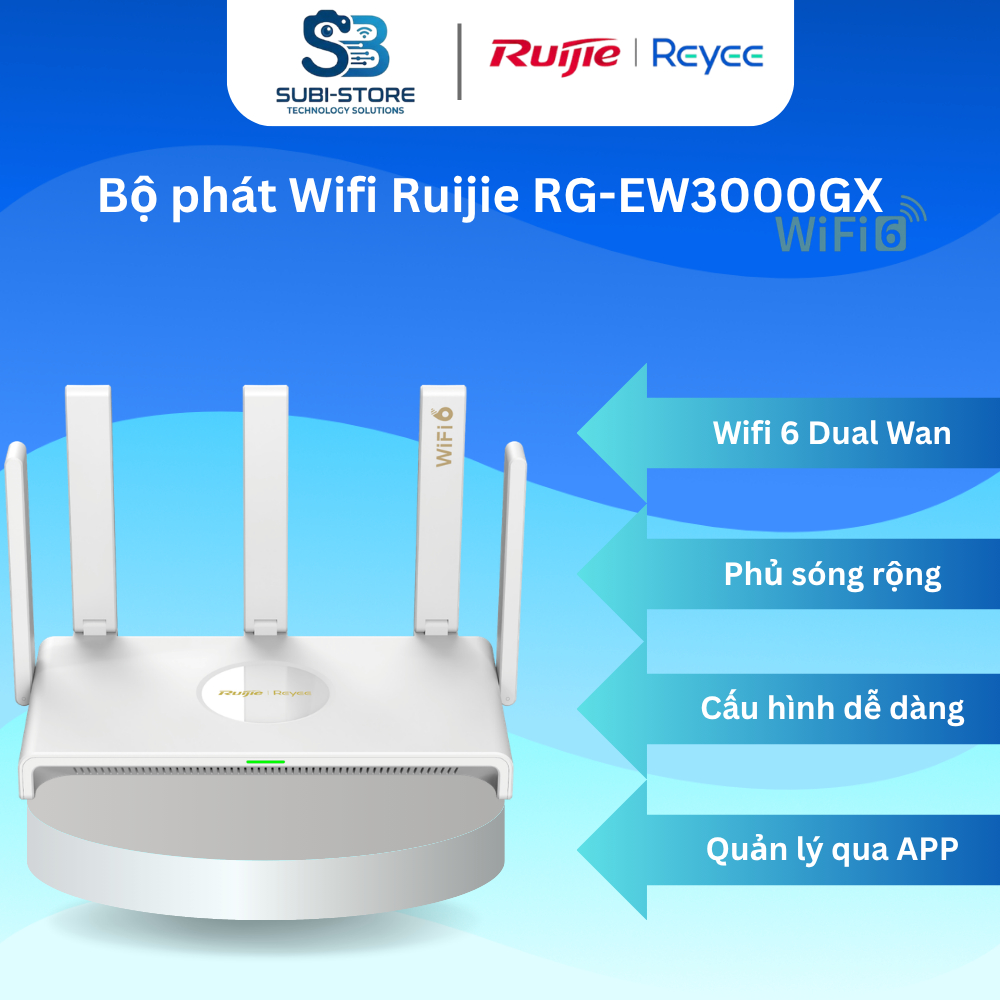 Router WiFi 6 Ruijie Reyee EW3000GX AX3000 Mesh Gigabit Băng Tần Kép Phủ Sóng Mạnh BH 36 Tháng