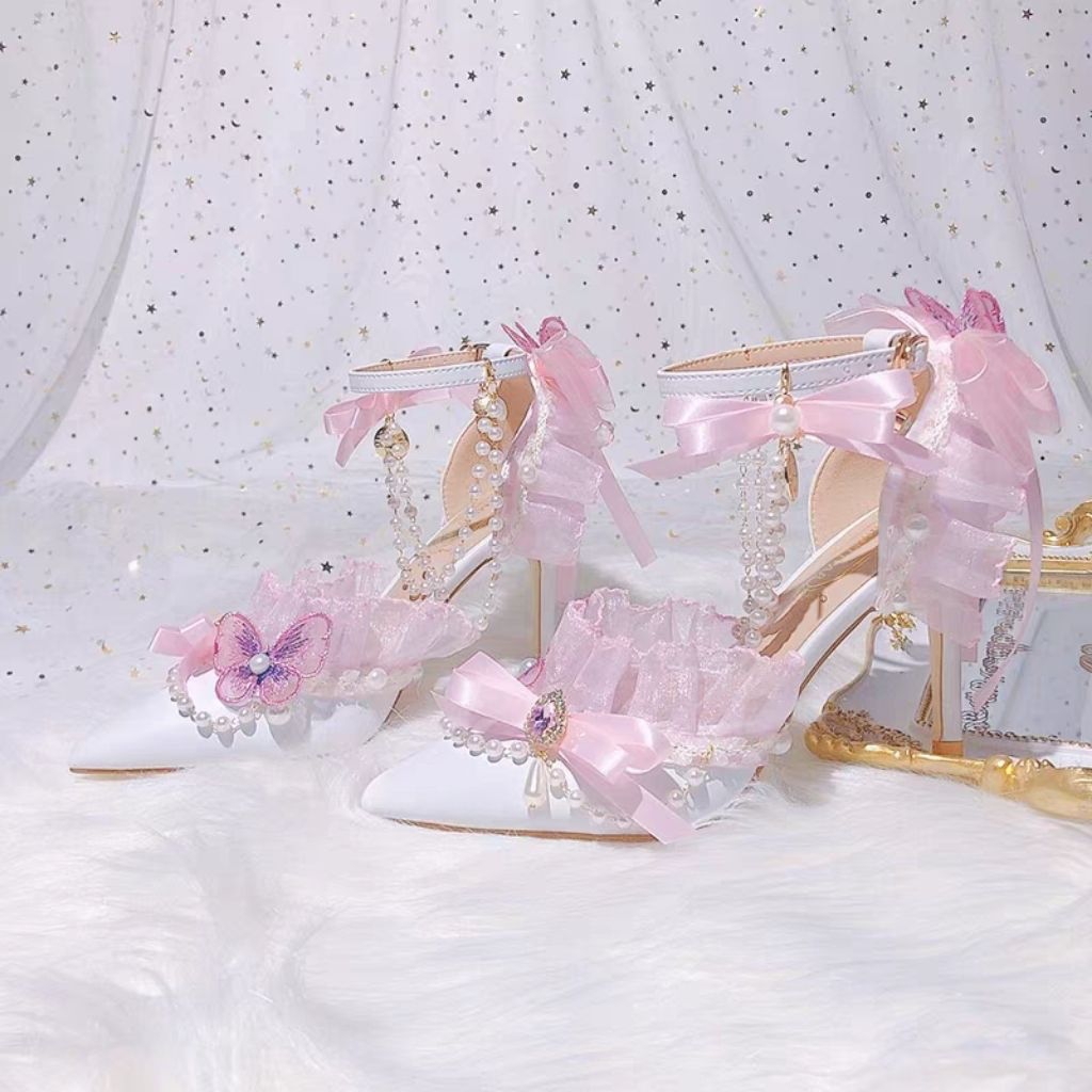 Giày Cao Gót Lolita Đính Nơ Đá Pha Lê Mũi Nhọn Quai Cài Mary Jane 5cm 7cm 9cm Giày Công Chúa Cosplay