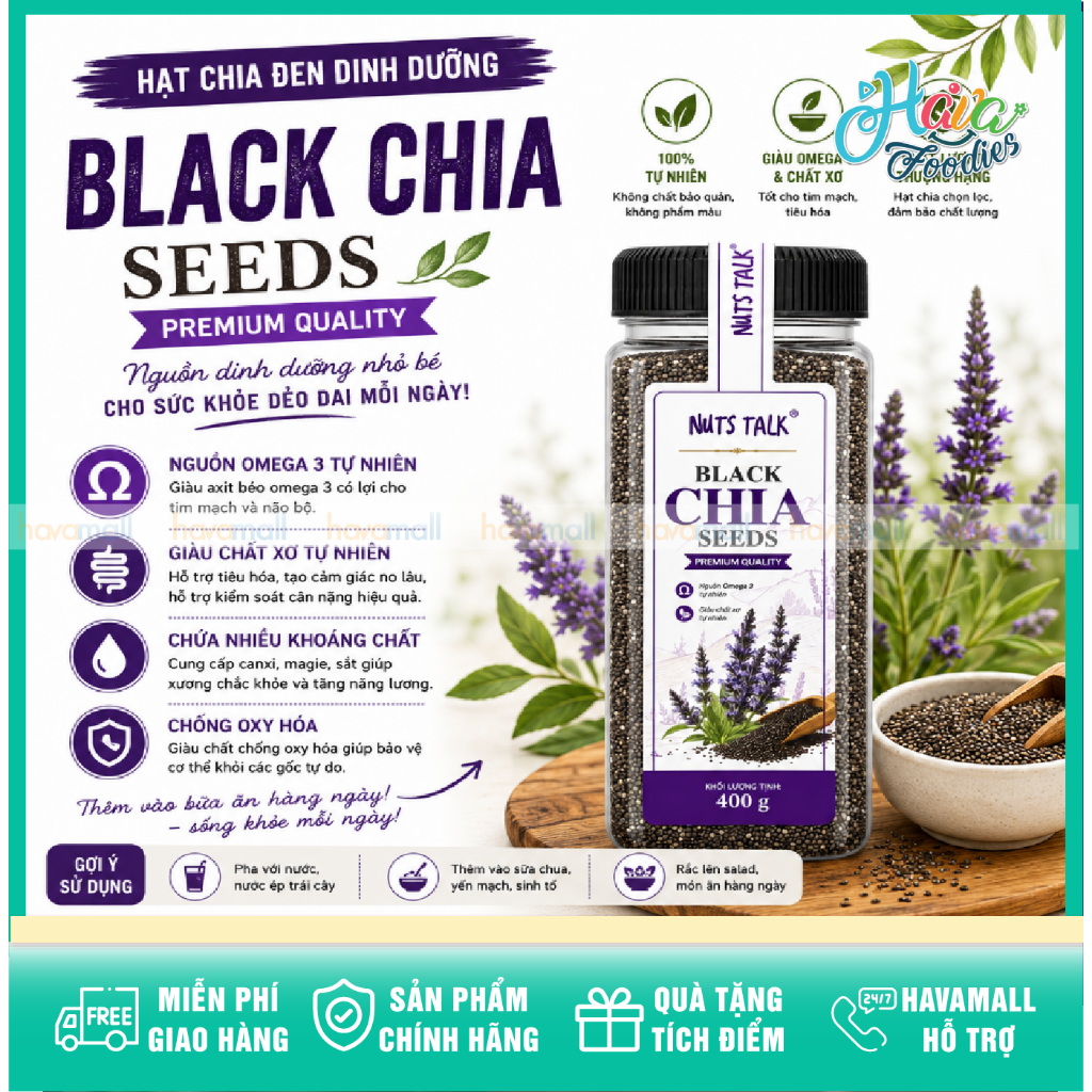 Hạt Chia Đen Nguyên Chất Nuts Talk Peru Hũ 400g – Nuts Talk Black Chia Seeds Premium Quality 400g