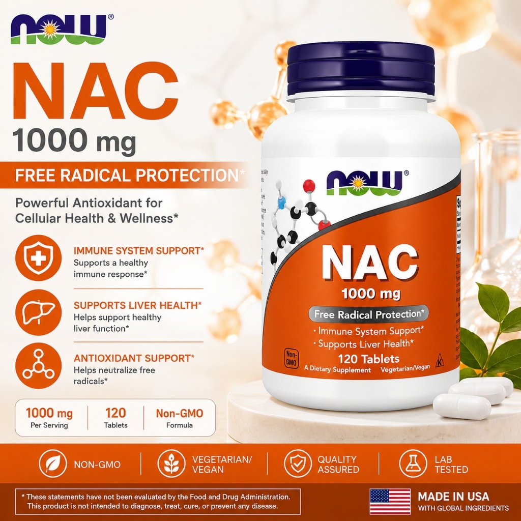 Viên Uống NAC 1000 mg 120 viên NOW Hỗ Trợ Giải Độc Gan, Tăng Sinh Glutathione, Tăng Cường Sức Khoẻ