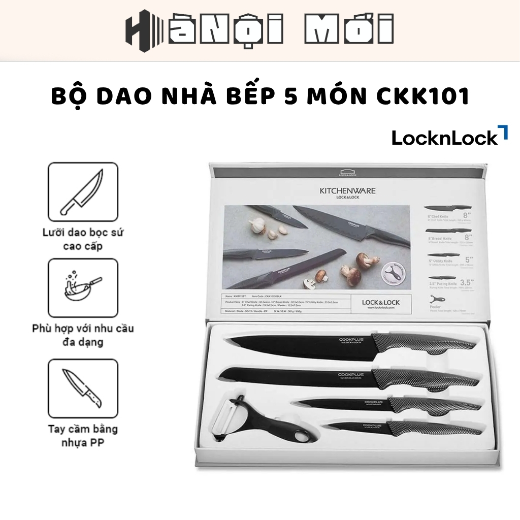 Bộ Dao Nhà Bếp 5 Món CKK101S5BLK LocknLock - Bộ dao bằng thép không gỉ bọc sứ, có hộp đựng