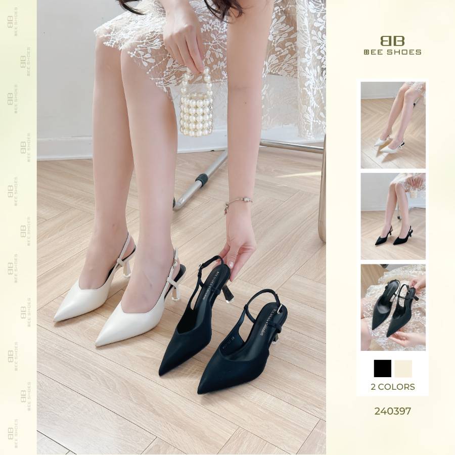 GIÀY CAO GÓT BEESHOES NỮ MŨI NHỌN - GIÀY CAO GÓT NỮ GÓT NHỌN CAO 7 PHÂN SẴN MÀU ĐEN KEM ĐEN 240397