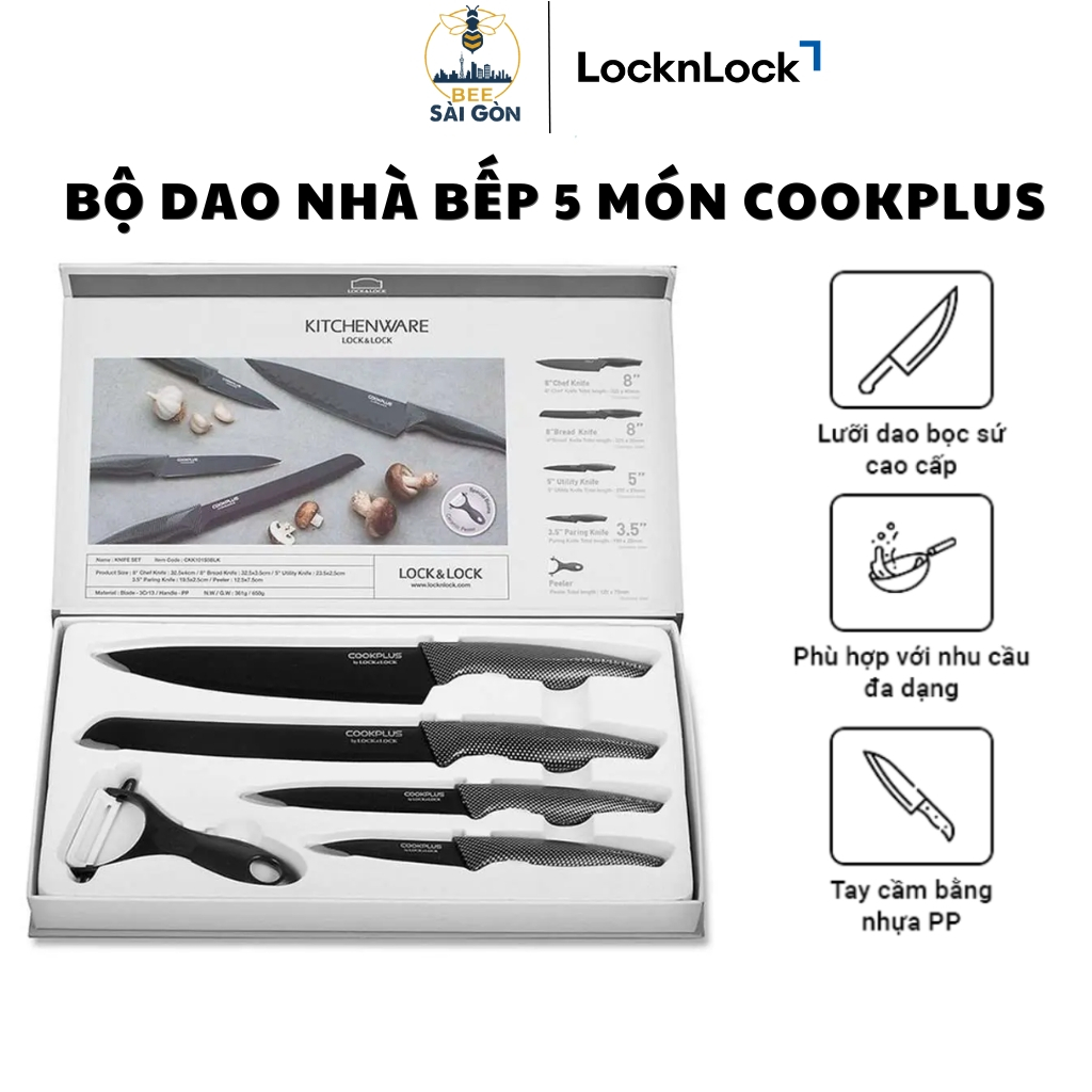 Bộ dao nhà bếp LocknLock 5 Món COOKPLUS Kèm Hộp Đựng Dao Sang Trọng CKK101S5BLK