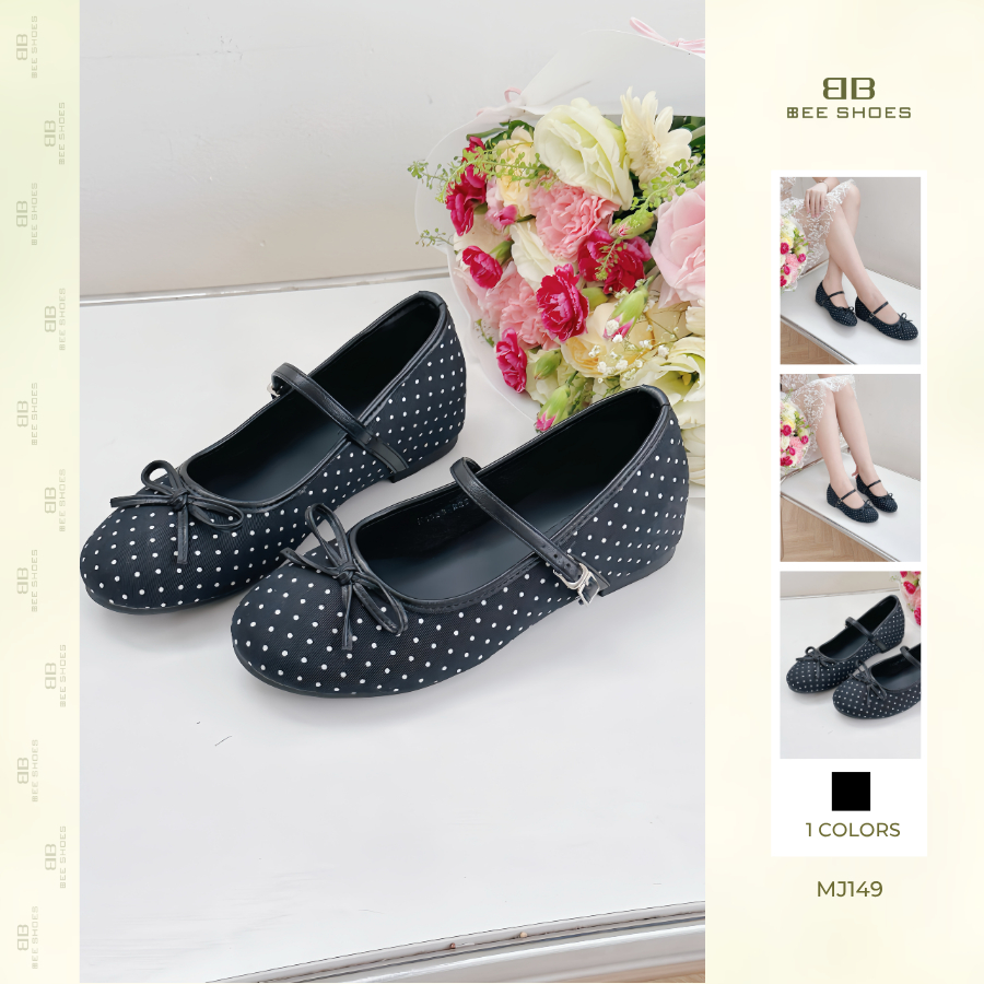 Giày mary jane nữ BEESHOES giày búp bê chấm bi, mũi tròn đế 2 phân sẵn màu đen MJ149
