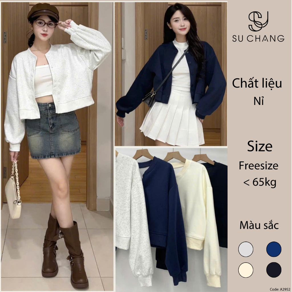 Áo Khoác Nỉ Croptop Cúc Cài Bo Viền Dáng Ngắn Su Chang A2952 Thời Trang Nữ Bigsize