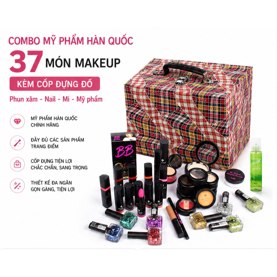 Combo mỹ phẩm Hàn Quốc 37 món makeup kèm cốp đựng đồ phun xăm, nail, mi, mỹ phẩm 30x20x25 cm