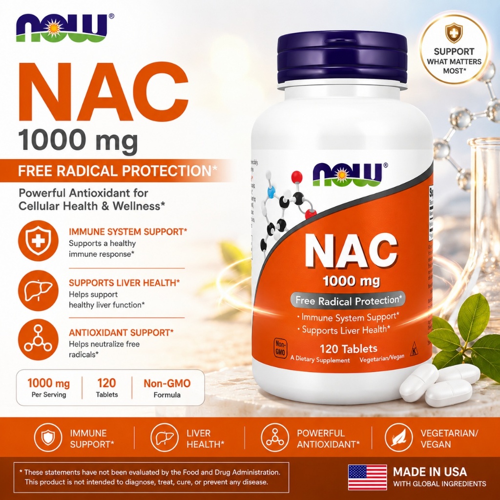 Viên Uống NAC 1000 mg 120 viên NOW Hỗ Trợ Giải Độc Gan, Tăng Sinh Glutathione, Tăng Cường Sức Khoẻ
