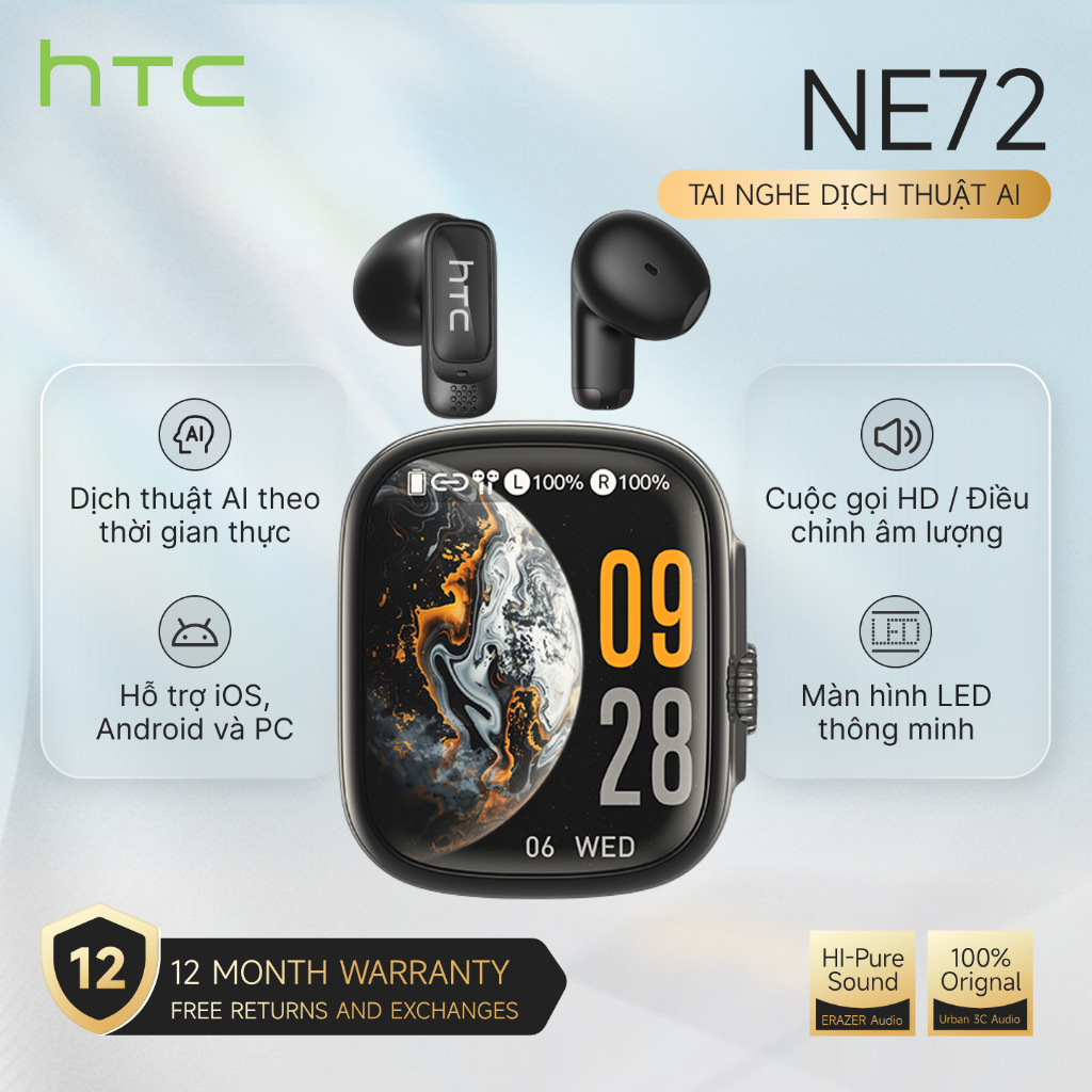 HTC NE72 Tai Nghe Bluetooth Không Dây, Dịch AI, Màn Hình Cảm Ứng, Âm nhạc Hi-Fi, Android/iOS