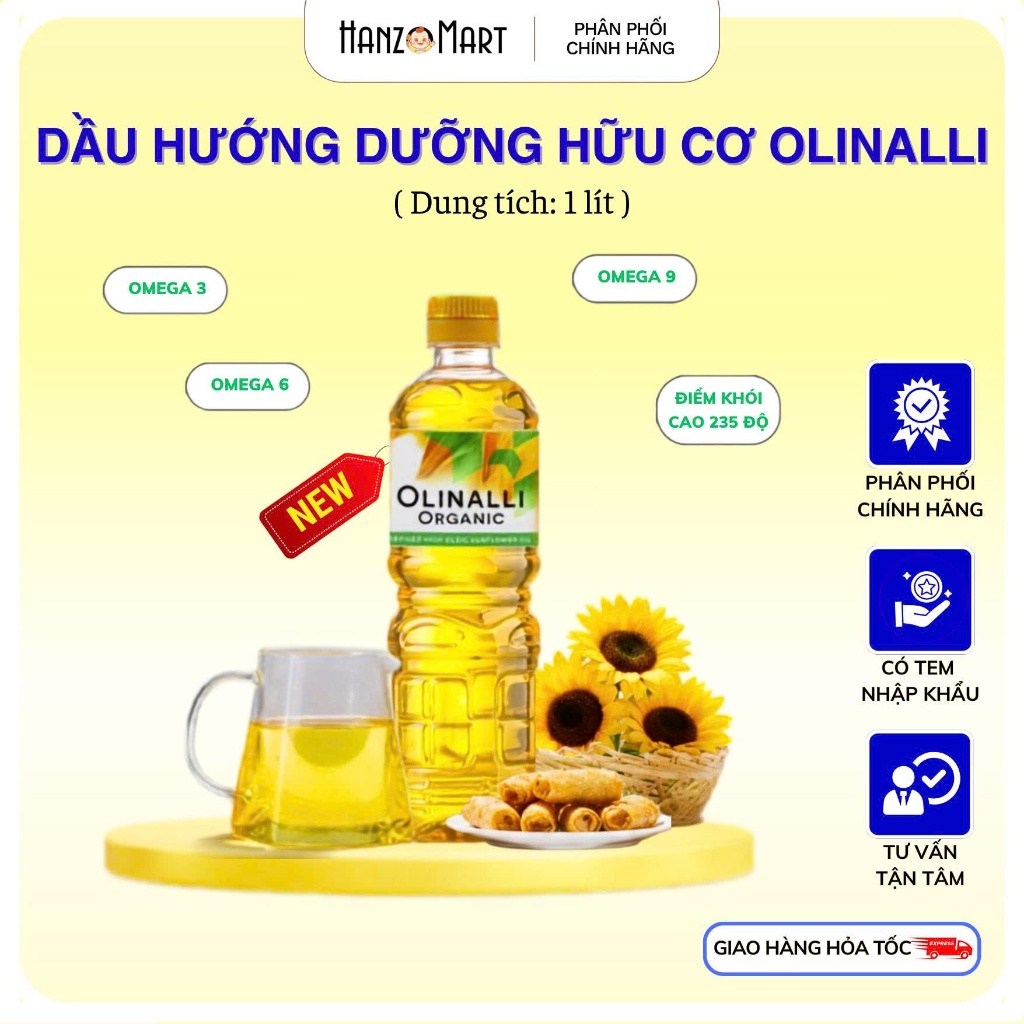 Dầu hướng dương hữu cơ Olinalli 1 lít chiên xào cho bé và gia đình - hanzo2009